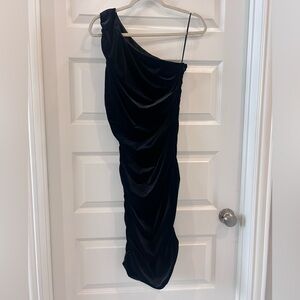 Tahari one shoulder suede midi dress